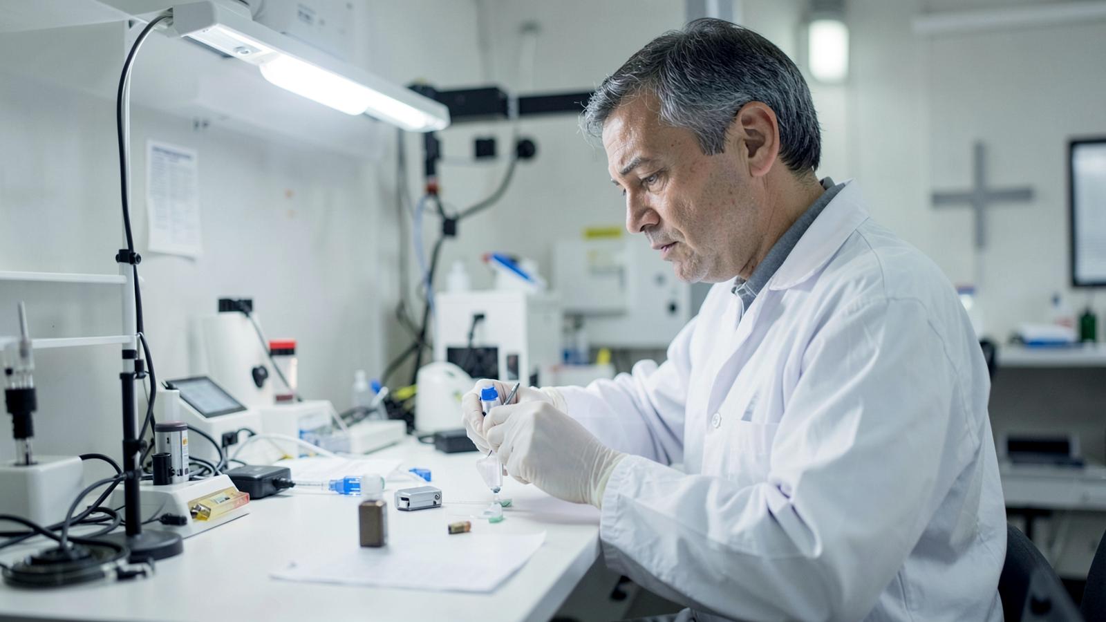 A technician in gloves works at a lab bench under a task lamp, the kind of close hardware work that underlies whole slide scanner manufacturing.