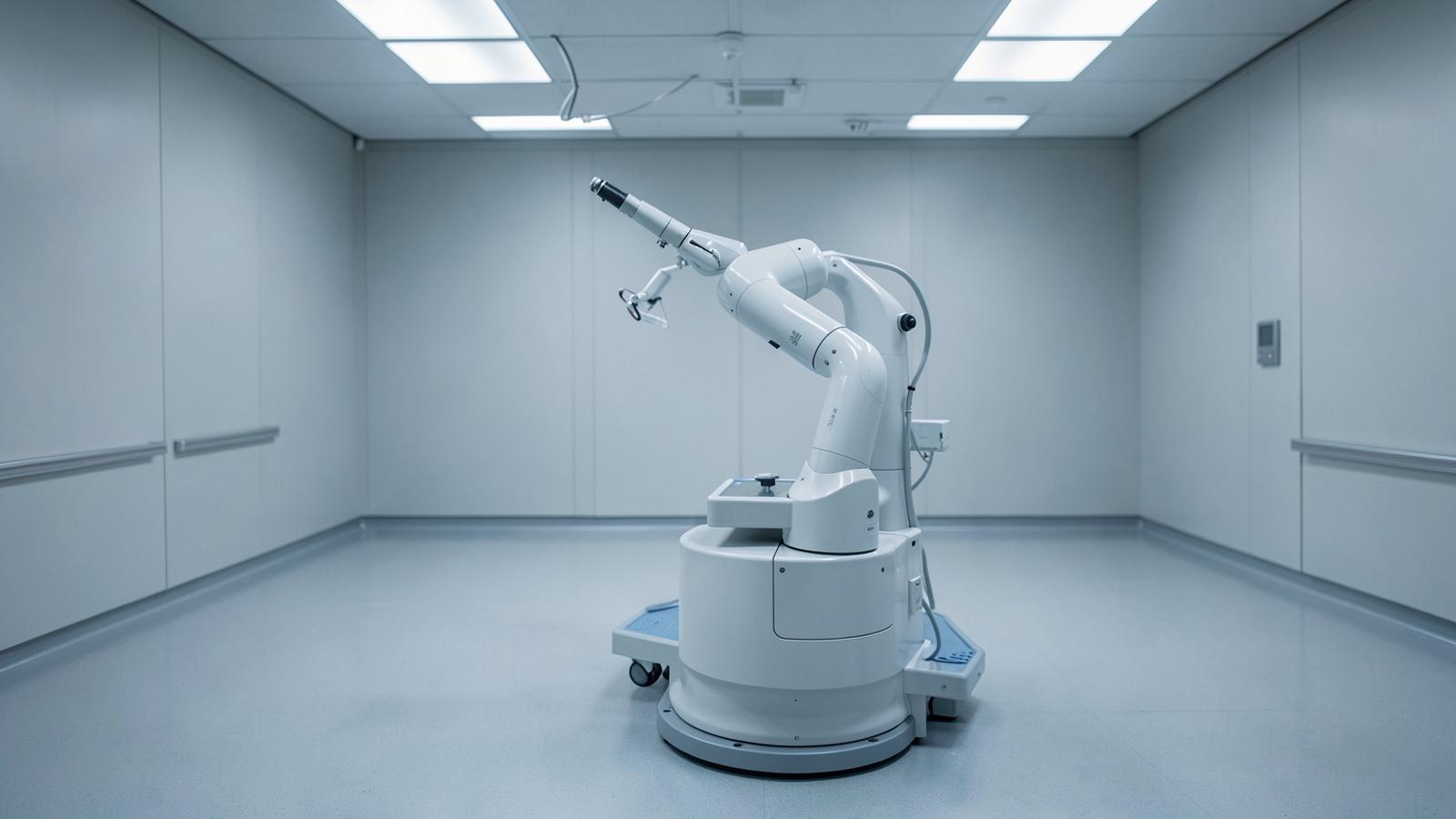 A white robotic surgical arm stands alone in a spotless operating room, evoking the highly controlled surgical setting where the first EXPAND transplants took place.