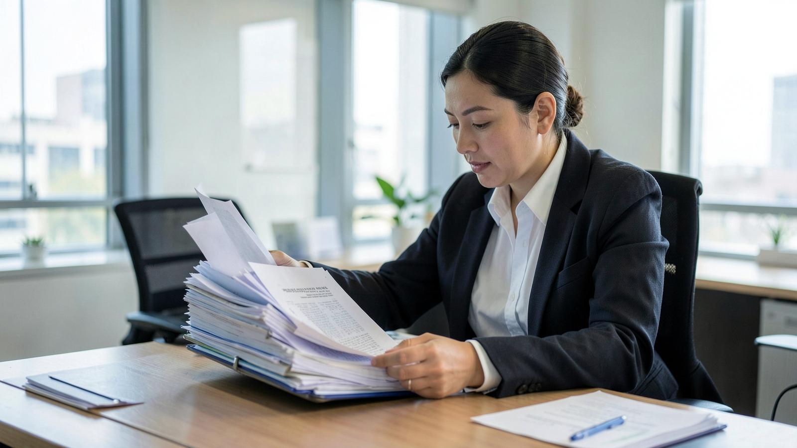 A professional pages through a thick binder of regulatory documents, capturing the dense technical files required for both FDA 510(k) and EU MDR submissions.