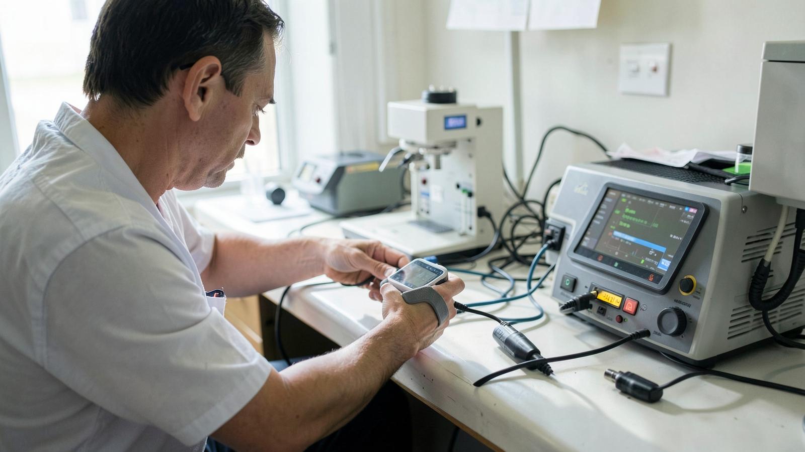 A technician checks a small wearable device against bench test equipment, echoing the calibration work behind every OTC hearing aid before it reaches a shelf.