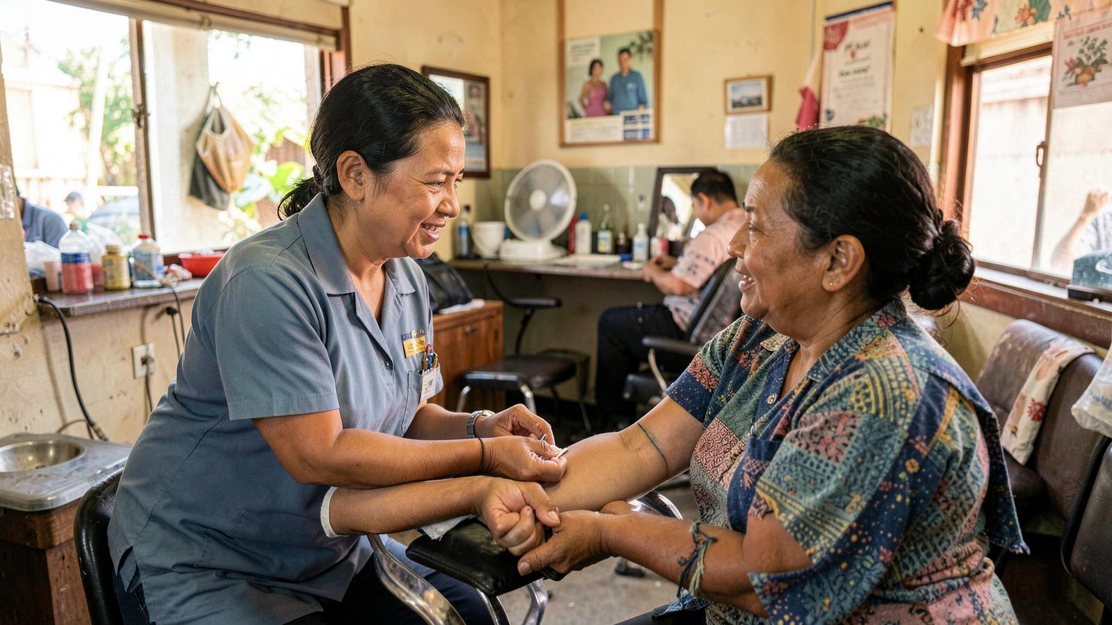 A community health worker checks a resident's blood pressure during a neighbourhood outreach session held well outside the clinic walls.