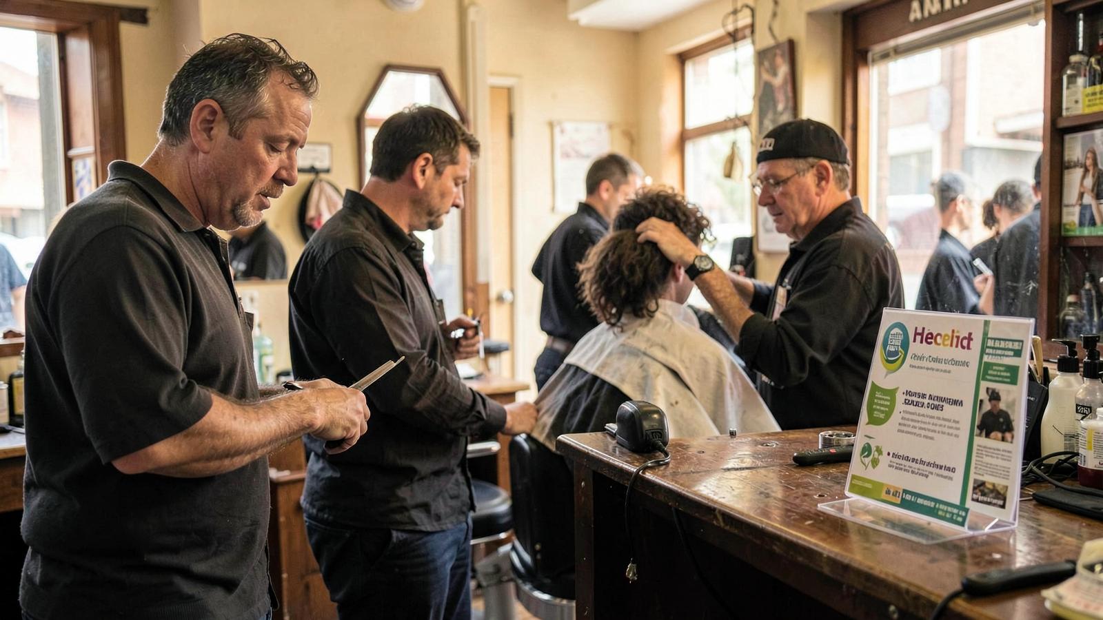 Men gather in a neighbourhood barbershop where a health information leaflet stand sits on the counter, a setting now used to raise family history and screening awareness.