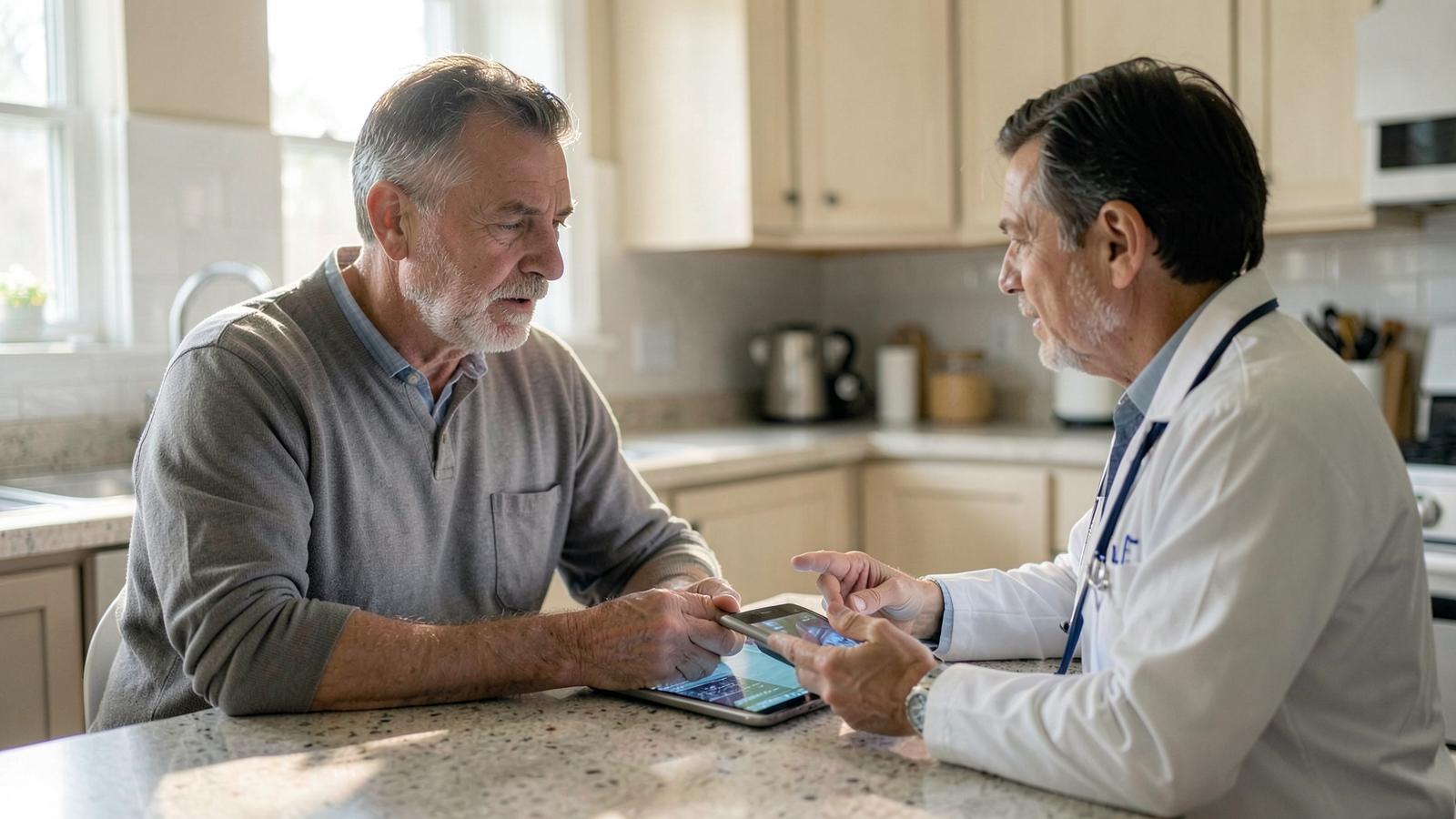 An older man and a doctor look over results together on a tablet, a common way risk conversations now happen outside the exam room.