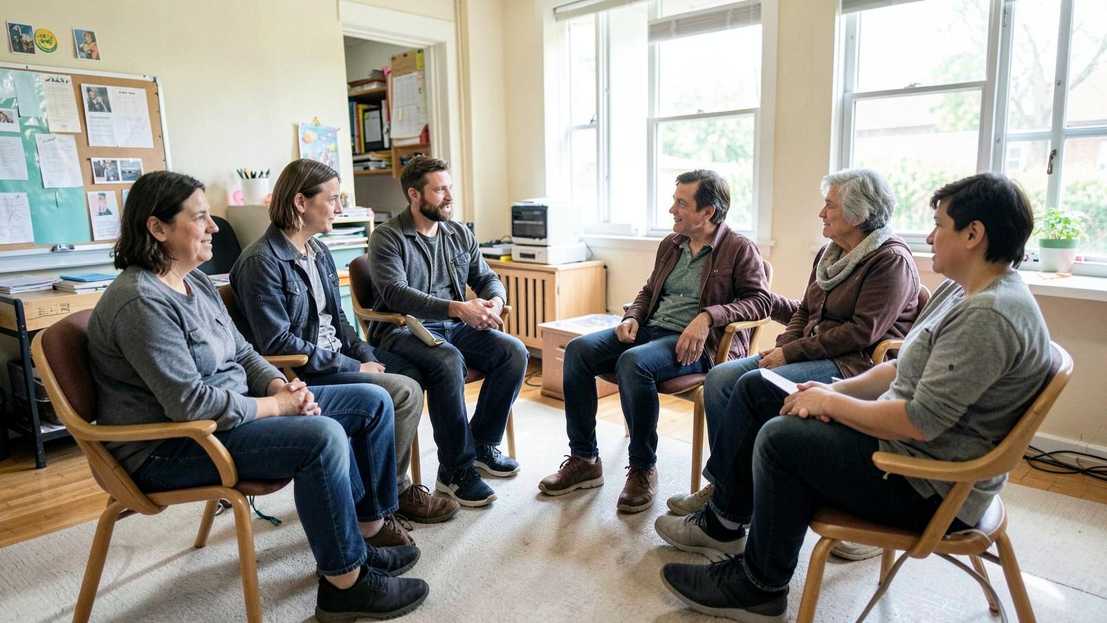 Adults sit together in a circle of chairs in a bright community room, a setting similar to the group check ins some districts pair with individual virtual sessions.