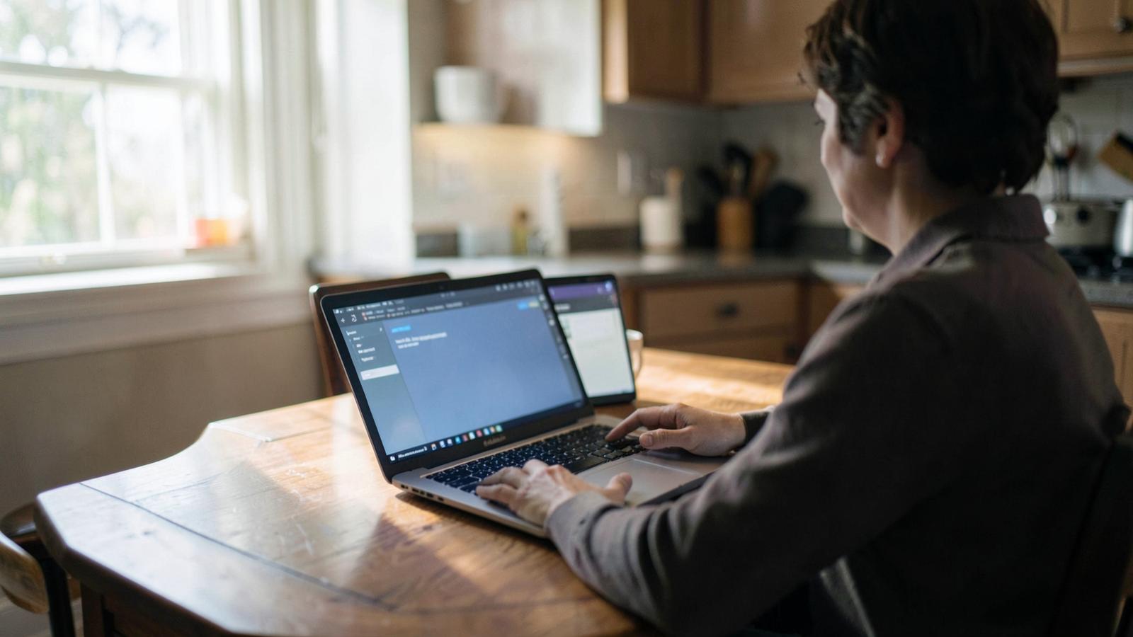 A person joins a video session on a laptop at a kitchen table, illustrating the kind of scheduled virtual visit newer school programmes now offer beyond crisis response.