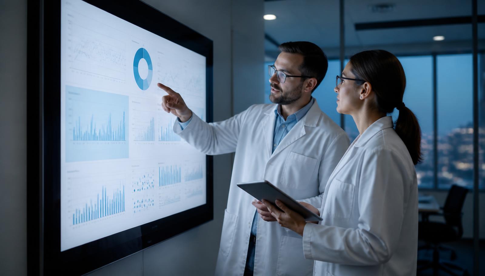 Two clinicians review outcomes data on a wall screen, the kind of cross population validation AI tools need before reading supplemental breast imaging.