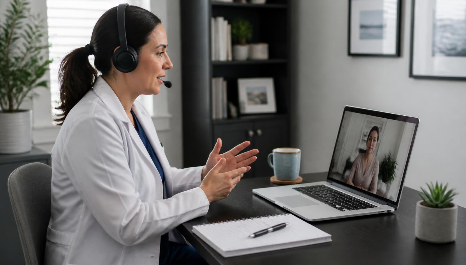 A nurse practitioner conducts a video consultation from a home office, the model behind the direct to consumer screening layer some contraceptive delivery platforms have added.