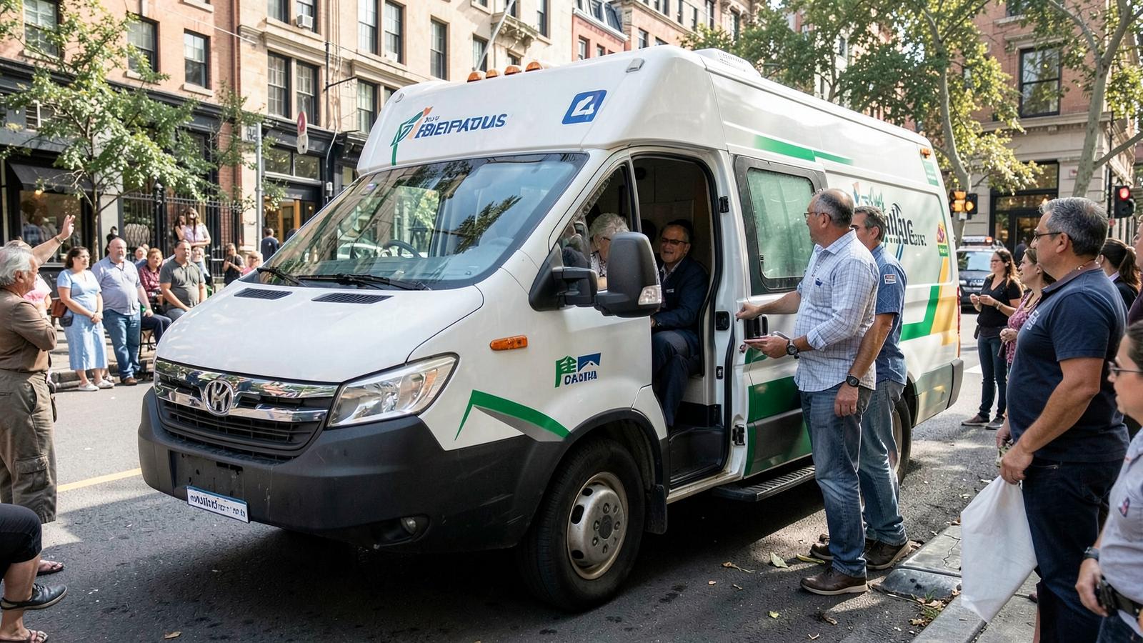 A mobile clinic van parked on a city street with staff at the open door, echoing how retail and pharmacy vaccination sites pushed registries toward common standards.