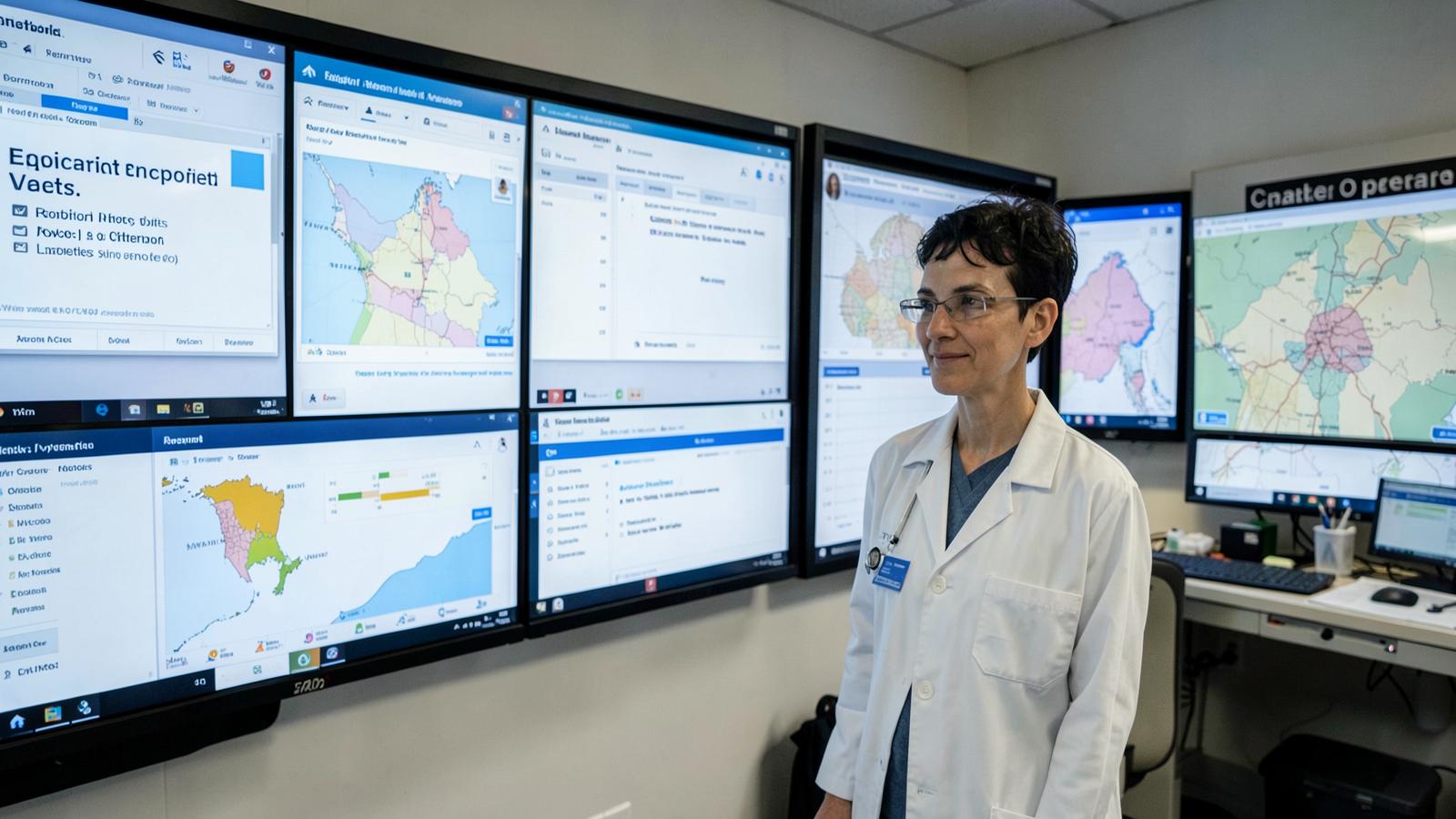 An epidemiologist reviews dashboard and map screens, the kind of registry data view state health IT teams now try to keep consistent across systems.