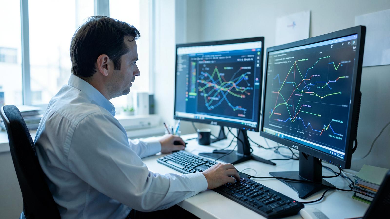 An analyst studies multi-coloured line charts on two large monitors, similar to the subgroup performance comparisons behind race-naive model testing.