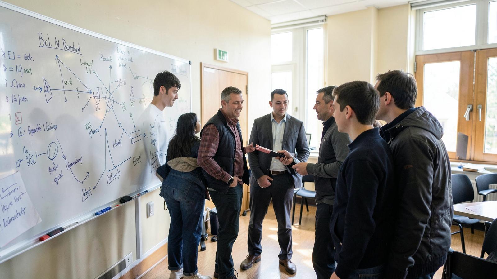 A group of researchers discuss findings in front of a diagram-covered whiteboard, reflecting the scientific debate over PATHFINDER 2's early results at ESMO.