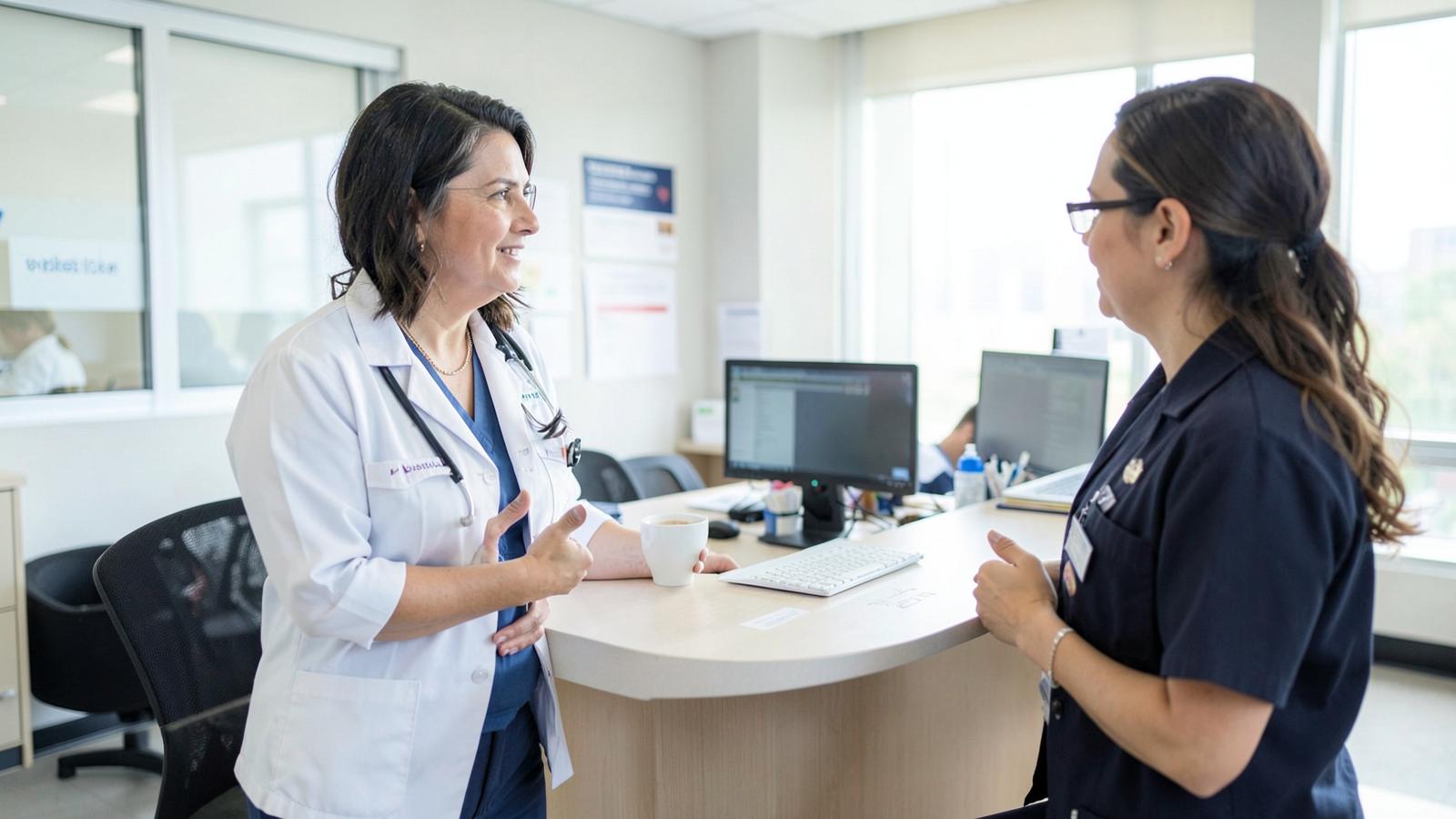 Two clinicians speak at a research clinic's reception desk, the traditional site-based encounter that decentralized trial designs are meant to reduce.