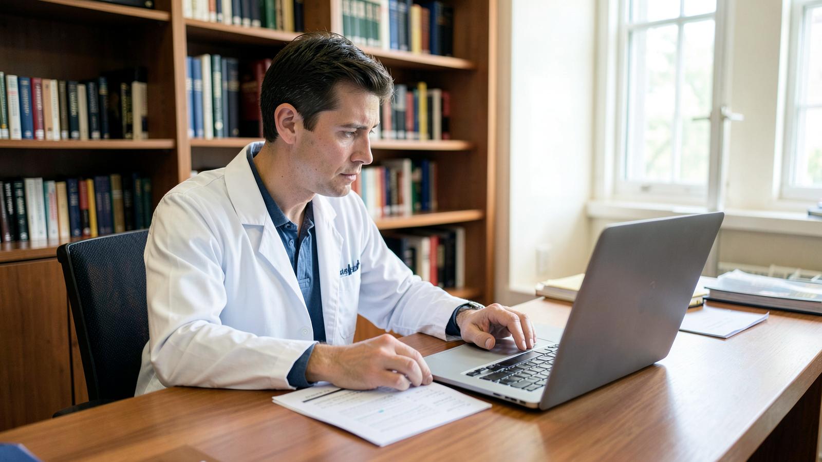 A researcher in a white coat reads printed results next to a laptop, the sort of review behind trials measuring whether disclosing a polygenic score changes behavior.