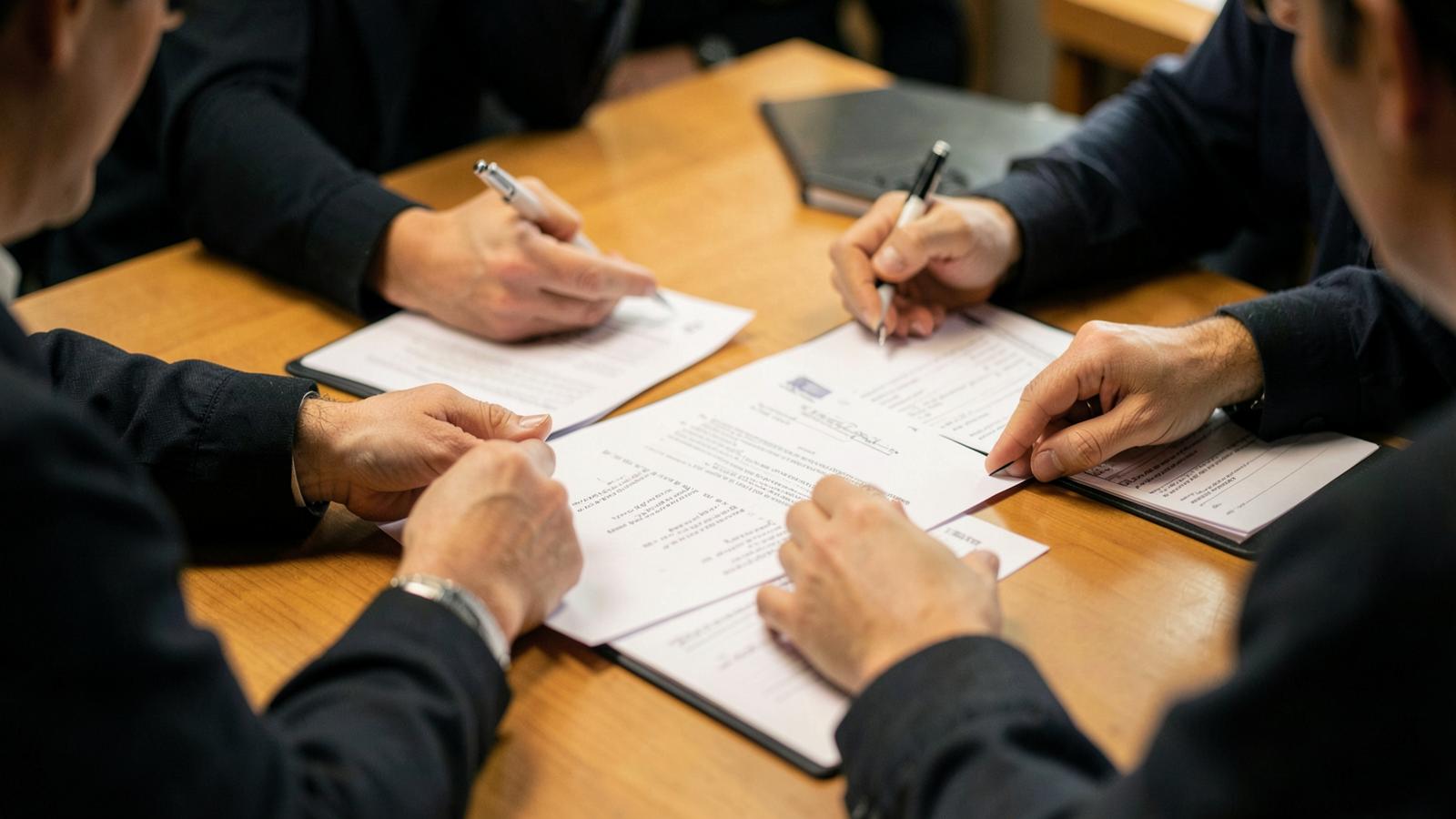 Printed contracts and security paperwork move across a table, the documentation hospitals expect ready before they will take a first meeting.