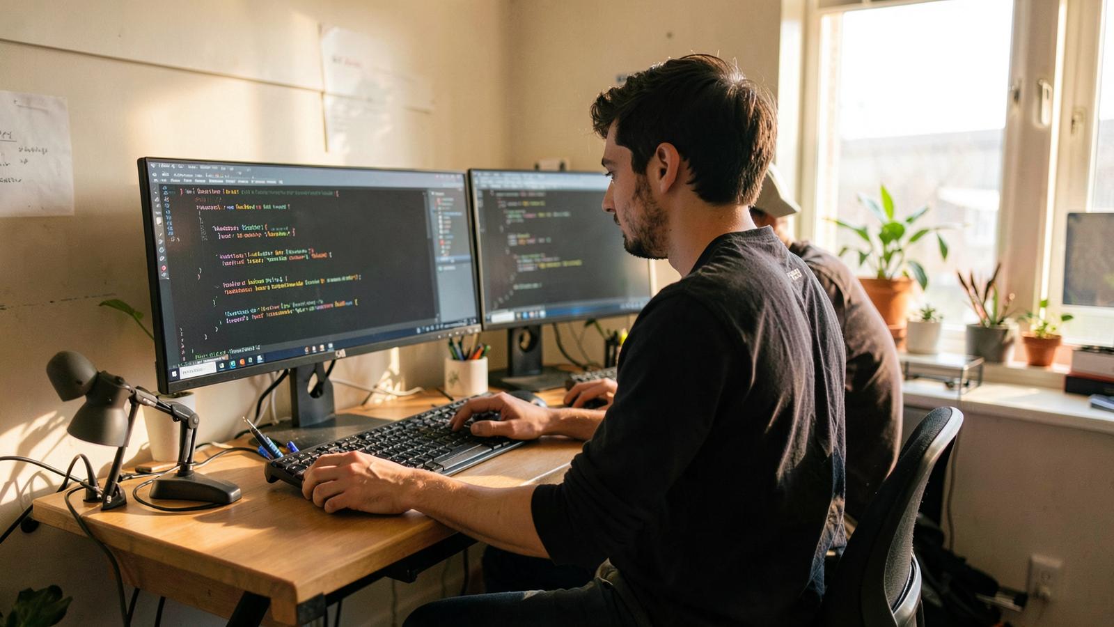 An analyst works at two monitors, the local validation work hospitals now demand before trusting any vendor's reported model performance.