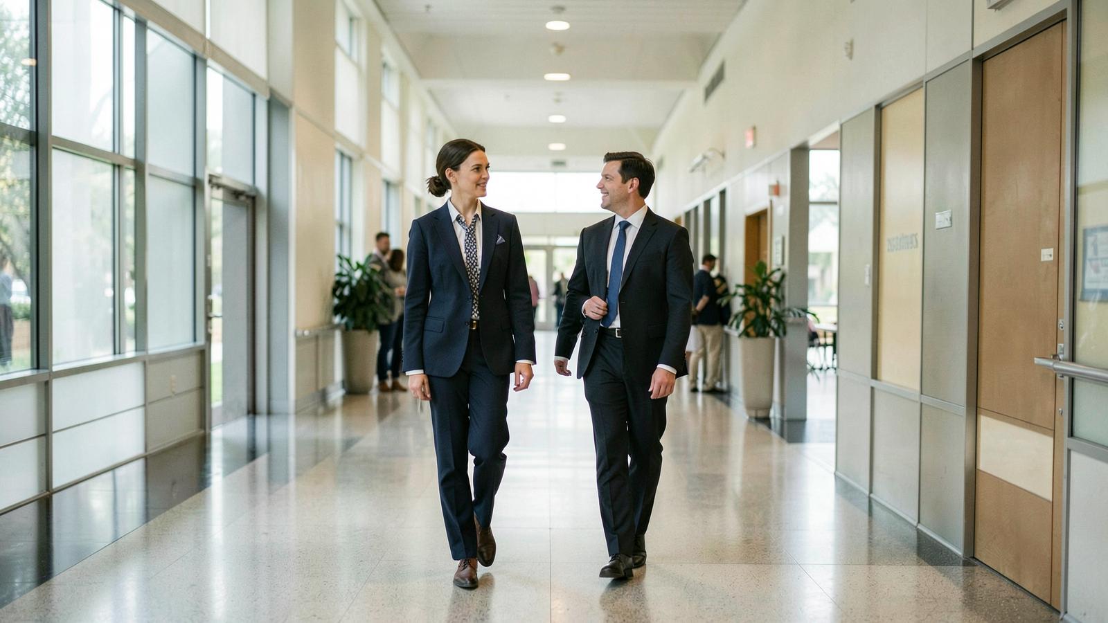 Two people walk and talk through a hospital corridor, the design partner access that the strongest healthtech accelerators exist to provide.