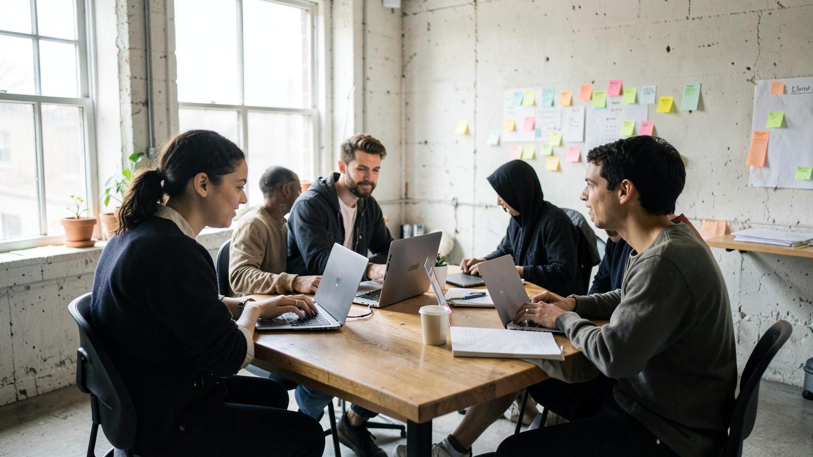 Founders work around a sticky note covered table, the early stage team an accelerator hopes to place in front of a hospital design partner.