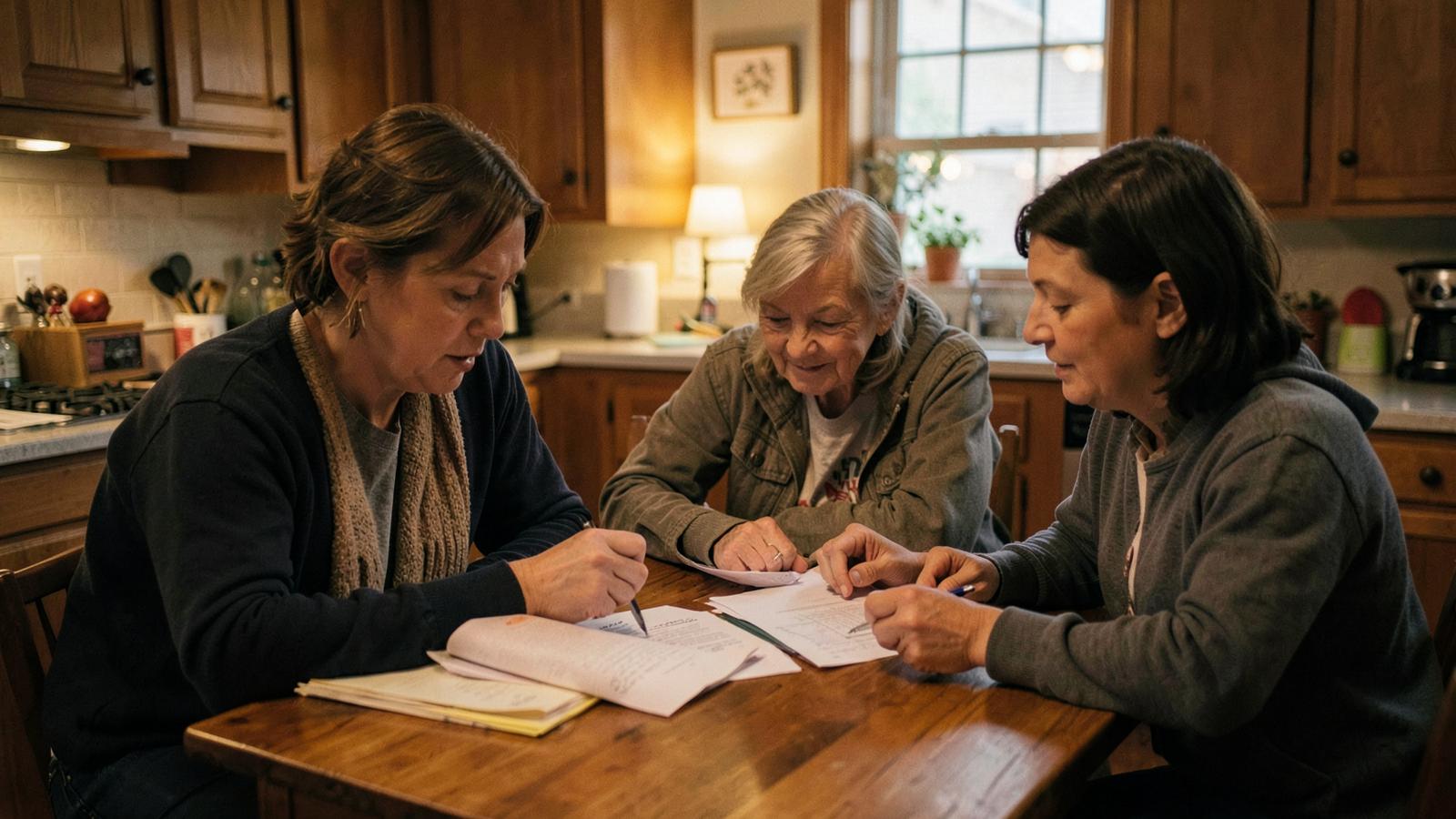 Three women review paperwork together at a kitchen table.