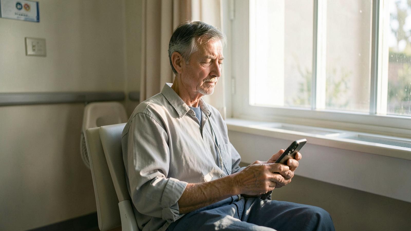 An older man sits by a sunlit window in a clinic day room, checking his phone during a wait between medical appointments.