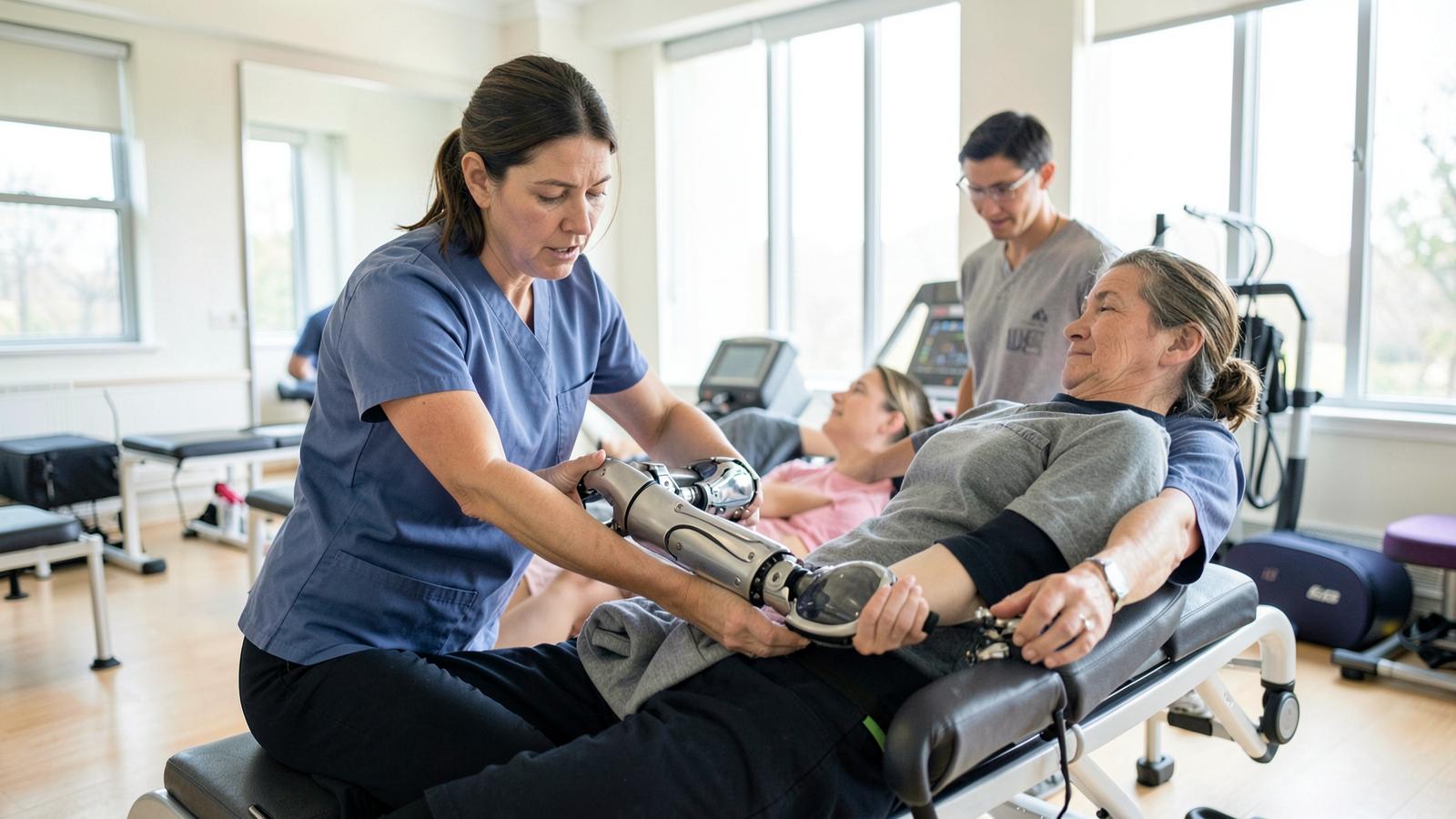 A therapist in scrubs supports a person fitted with a robotic prosthetic arm during a rehabilitation session, similar to the adaptive work implant patients undergo.
