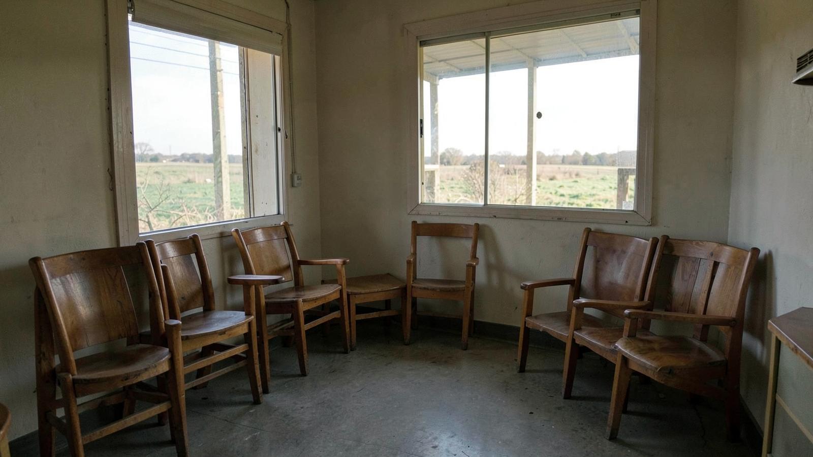 An empty rural clinic waiting room with wooden chairs and windows onto fields.