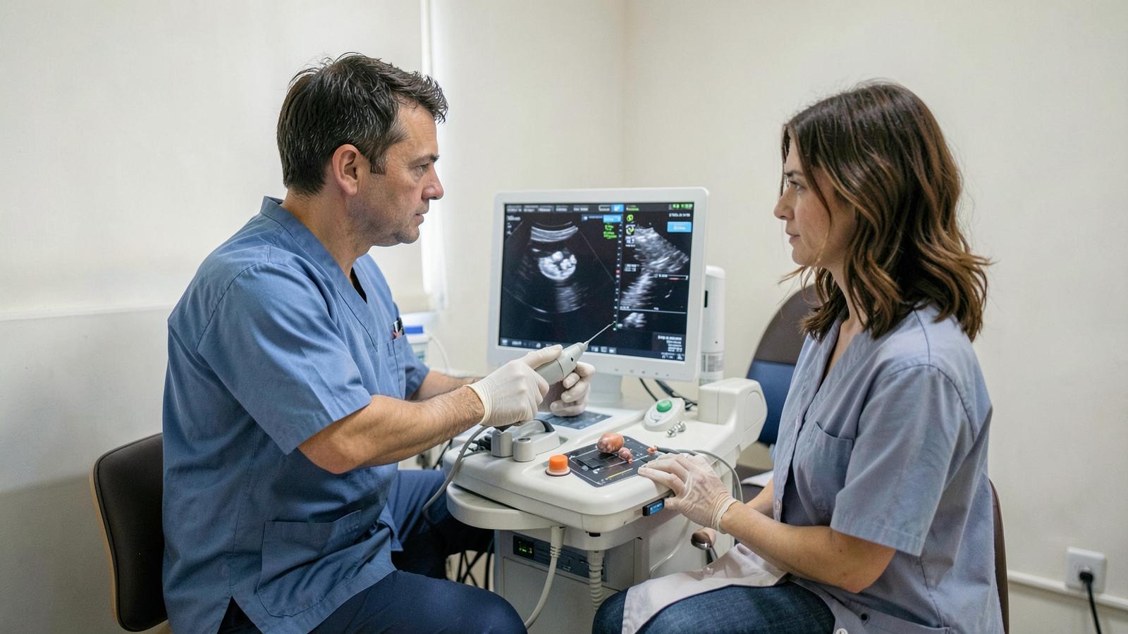 A sonographer performs an obstetric ultrasound while a woman watches the screen, the kind of imaging AI tools are being trained to read more carefully for endometrial lesions.